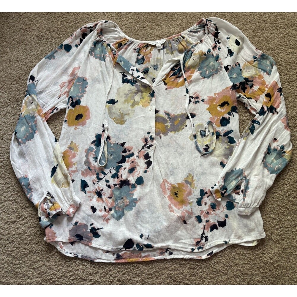 Lucky Brand Small Boho Floral Tie Neck Blouse Print Peasant Top Womens